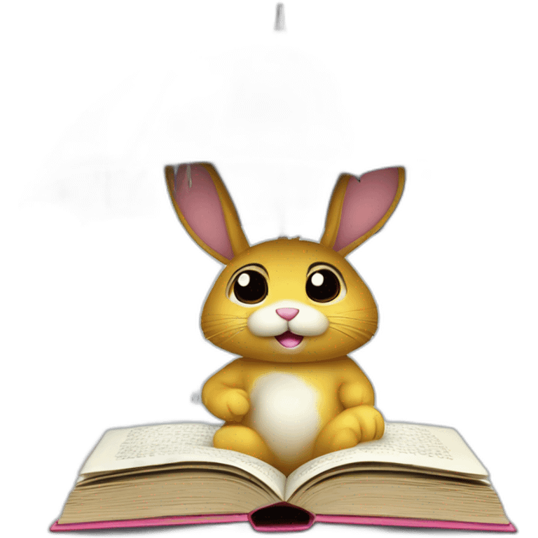 a rabbit under an umbrella with a funny book in the rain emoji