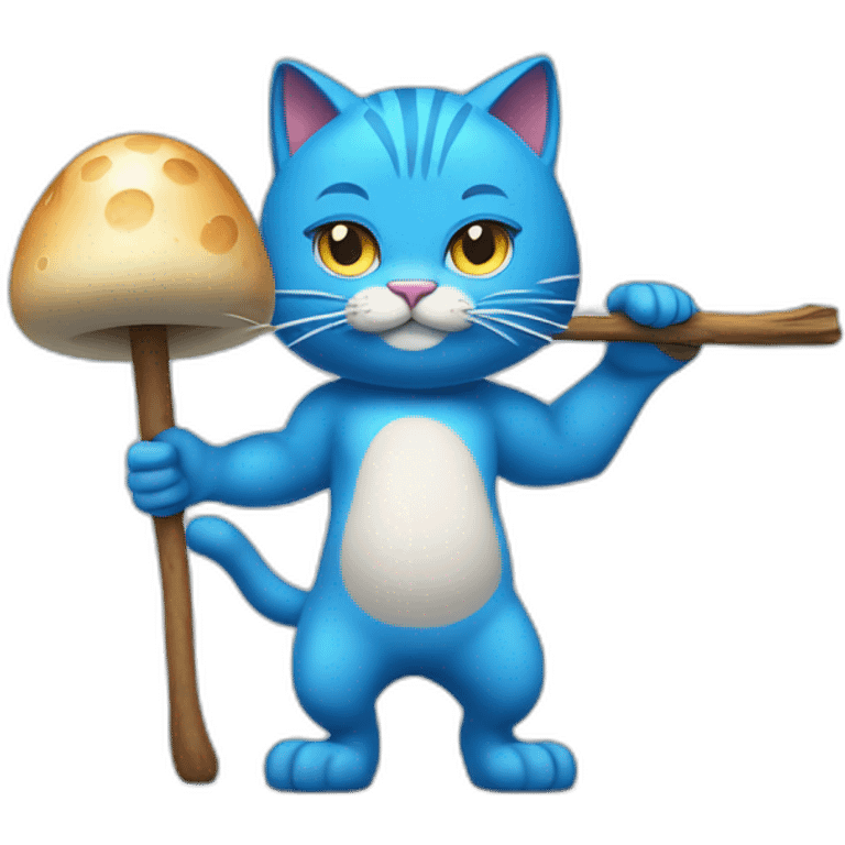 Strong muscles Blue cat NO ears  wearing a mushroom cap carrying a stick in one arm standing on two legs with pants emoji