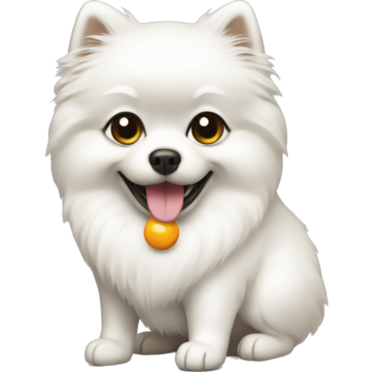 White Pomeranian holding a toy emoji