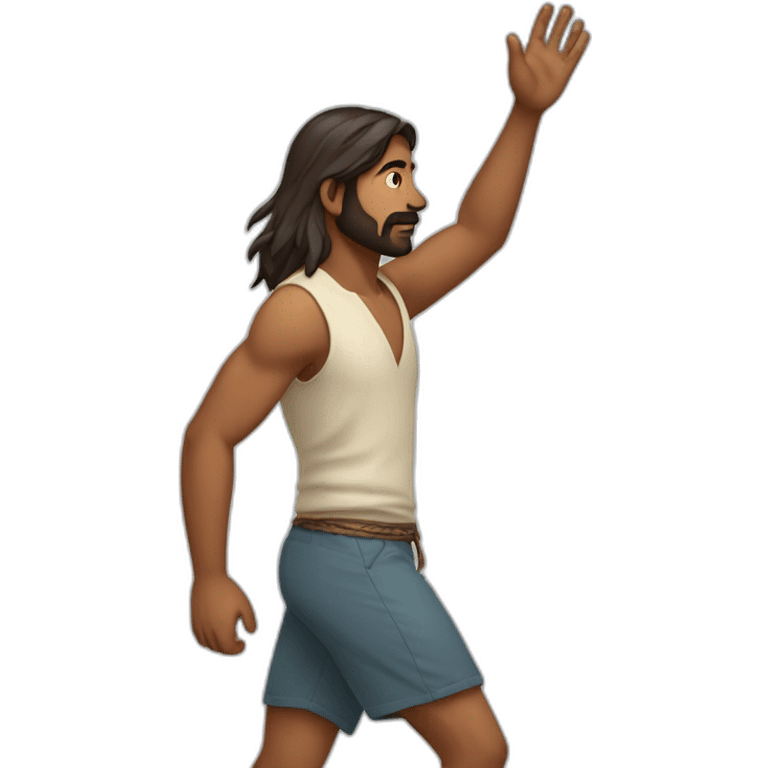 an indian man with long hair in shorts, walking, side profile, one hand raised slightly up emoji