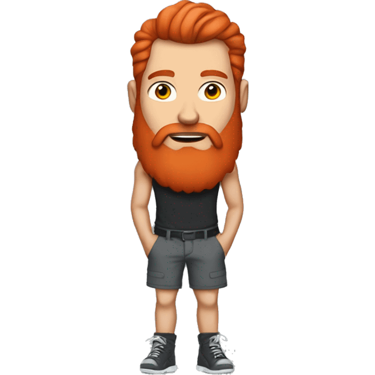 a man with long red hair, a red beard with a little gray in it, and a full body suit tattoo, wearing shorts and a tank top emoji