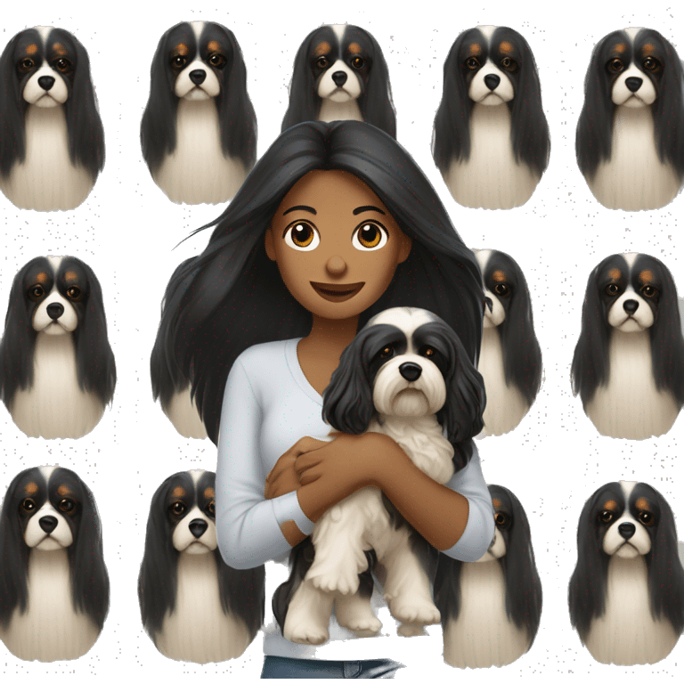 Woman with long black hair, hazel eyes, holding a Lhasa apso emoji