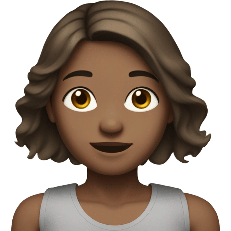 Brown hair girl with middle part and straight hair, light skin and brown eyes. Black tank top and waving emoji