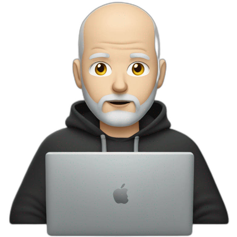 bald white man with a grey beard typing on apple computer wearing a black hoodie emoji