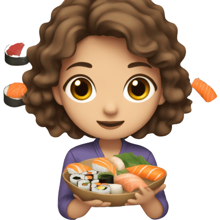 A Girl with wavy brown hair and brown eyes eating sushi emoji