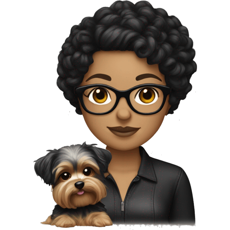 A White girl with curly medium length black hair and glasses holding a Yorkie  emoji