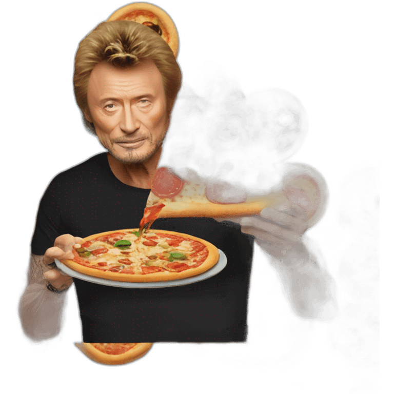 Johnny Hallyday eating a pizza with an alien emoji