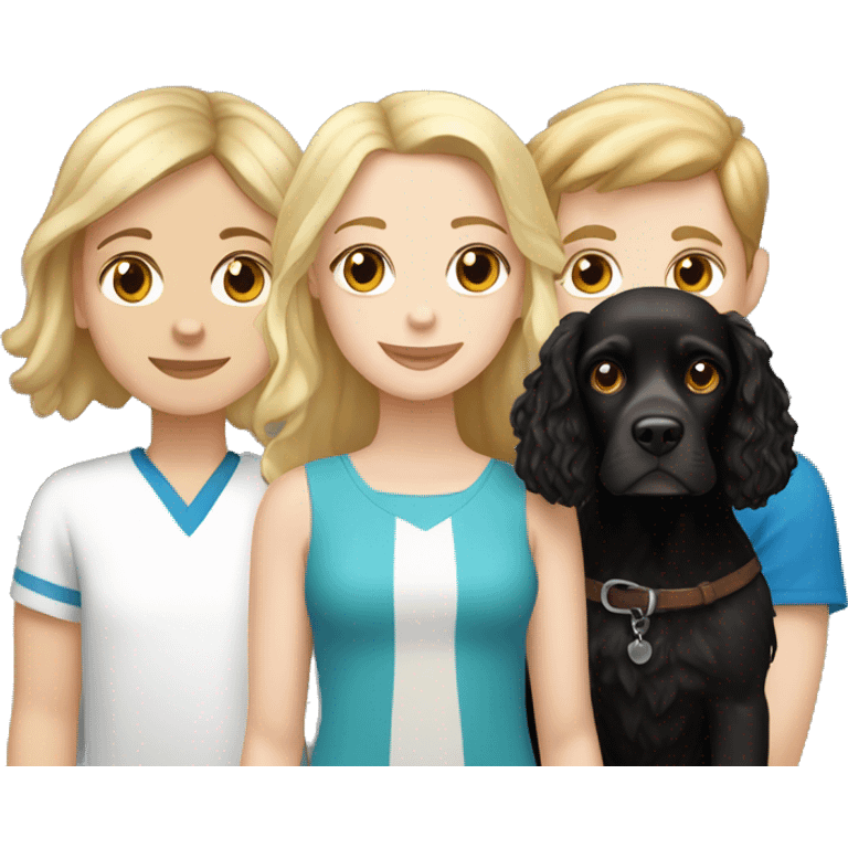 brown hair, white girl and Blond hair, white boy holding a black cocker spaniel emoji