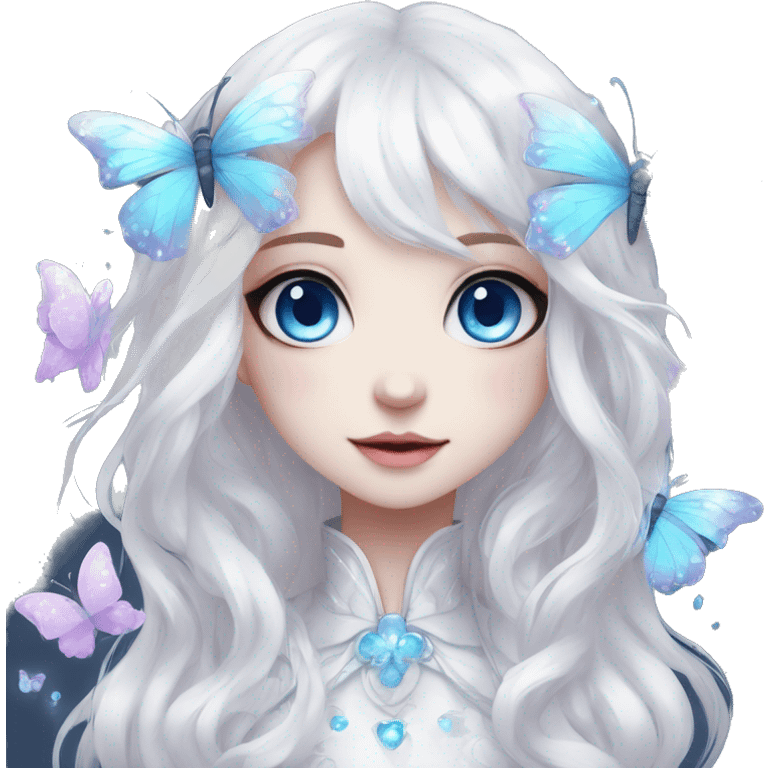 Edgy Cute Cool Kawaii gorgeous sparkly ethereal white fantasy animal with blue eyes sona with flowers and butterflies emoji