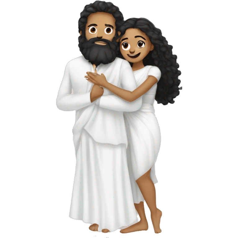 Light skin;Black long hair girl  in a white saree hugging with a man with black beard and curly hair on top emoji