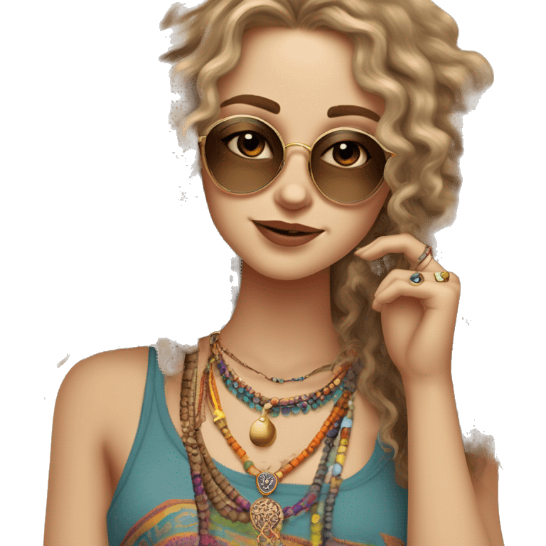 Caucasian hippie girl with curly dirty blonde hair, hazel eyes, baggy colorful pants and a tank top, lots of bohemian bracelets and jewelry, smoking and joint and wearing sunglasses  emoji