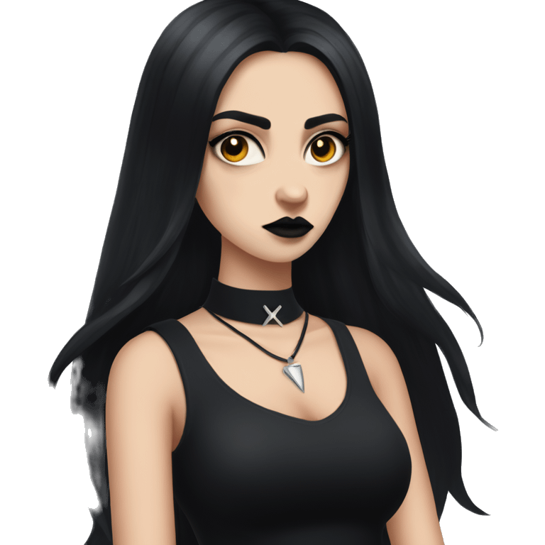 Portrait. Goth, deer girl. Wearing a black sleeveless dress with a choker. She has White antlers and deer ears. Long Black hair. She looks angry emoji