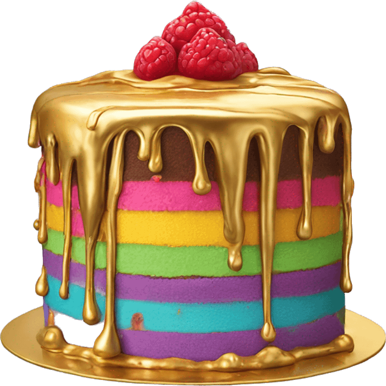 Realistic isolated colorful cake with metallic gold icing dripping from top and all down along the cake emoji