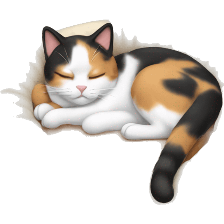 Calico cat sleeping on a tan cat bed emoji