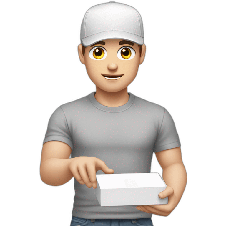 Pale skinned fit Man with dark brown hair in a white cap, gray jeans and gray polo T-shirt keeping a pasted with tape white box into his hands emoji