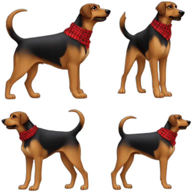 adult 75% Coonhound 25% German Shepherd mix dog with visible tail wearing small pointed red buffalo plaid bandana full body walking left quickly emoji