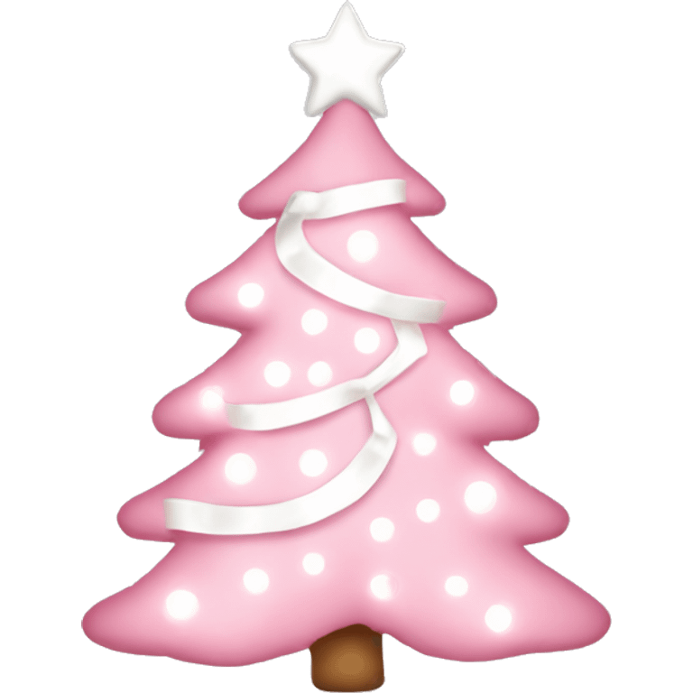 Pastel Pink Christmas tree with pink lights, white ornaments, and white ribbon emoji