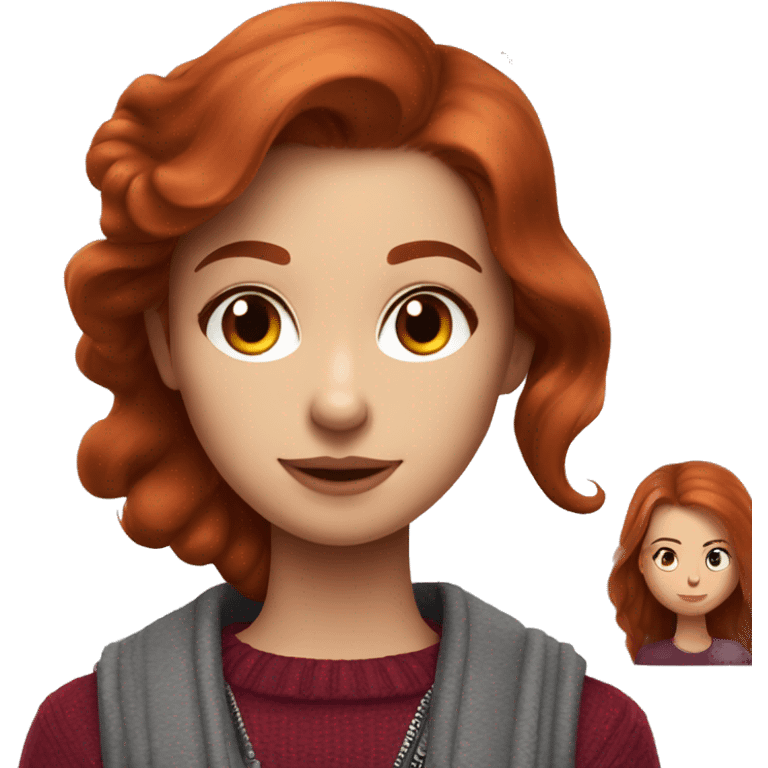 redhead girl with long hair and Dyson styling in a burgundy sweater and a grey rat on her shoulder emoji