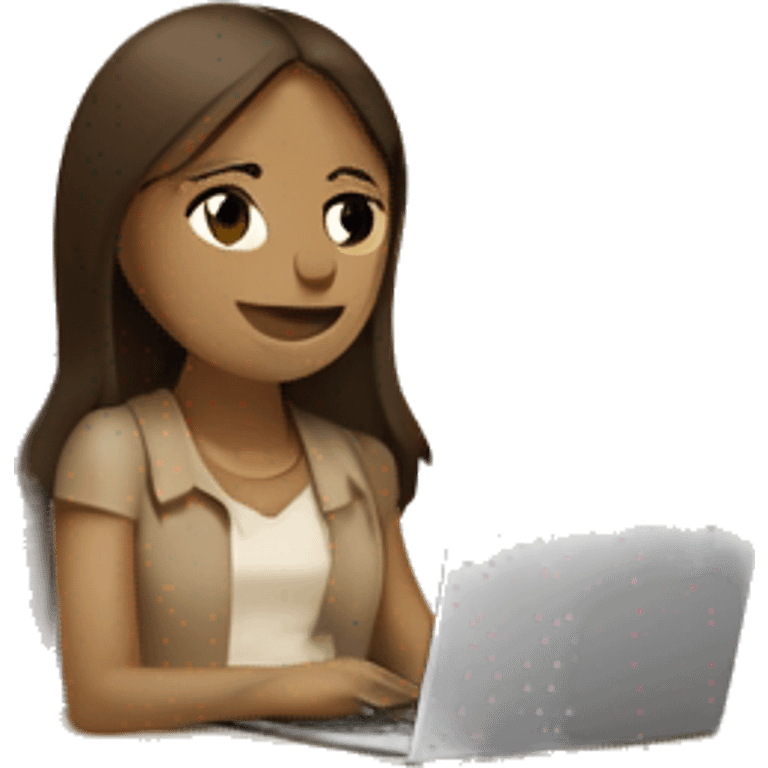 A girl at a table with a laptop. A a cup of coffee on the left side of the table. Books on the right side of the table. in beige tones emoji