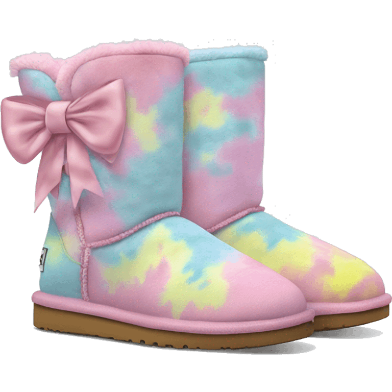 Realistic pair of pastel tie dye Ugg fur boots with bows. emoji