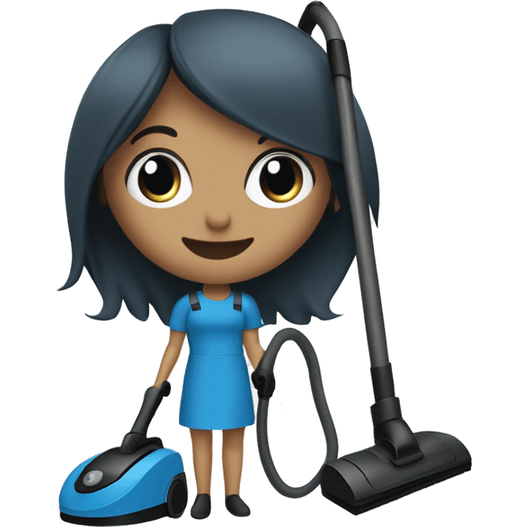 slate blue broom and vacuum cleaner, with a black lady, straight hair, small eyes, smiling emoji