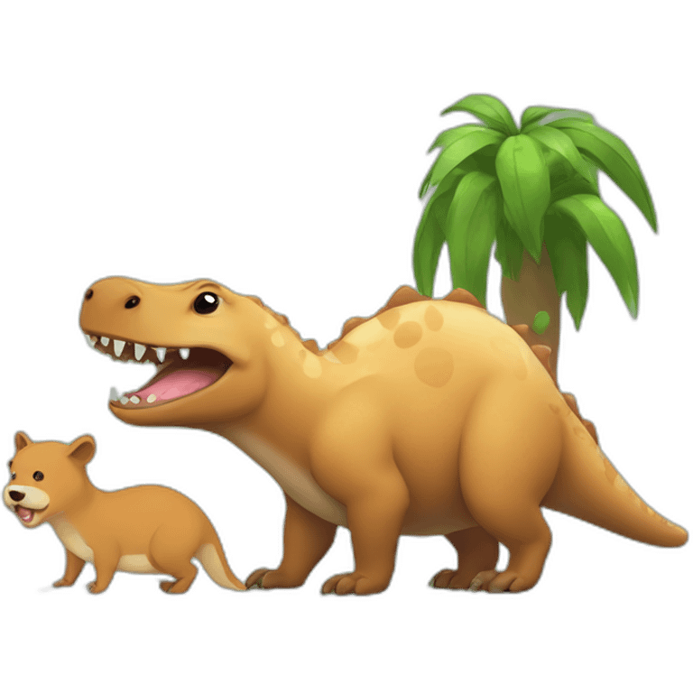 Funny dinosaur plays with capybara an dog emoji