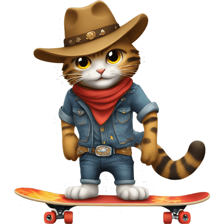 a cool cowboy cat on skateboard, lively emoji