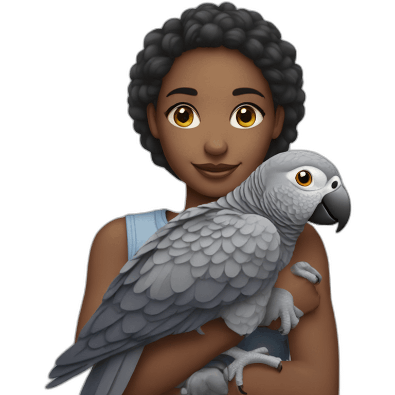 Black girl hugging an African grey parrot emoji