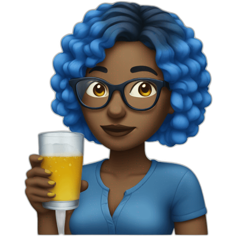 black woman with blue hair and glasses drinking emoji