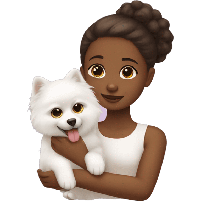 Brown skinned girl petting her White pomeranian  emoji