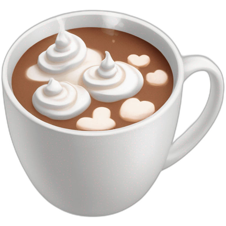 white mug of hot chocolate with marshmallows and whipped cream emoji