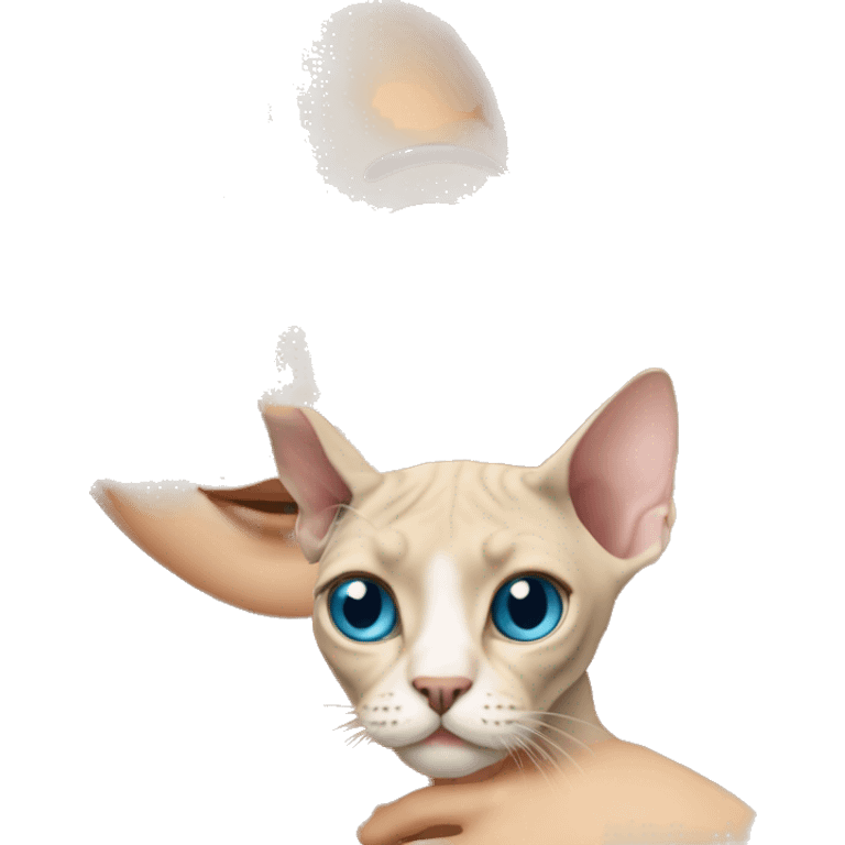 Blonde girl with wavy long hair and blue eyes holding sphynx cat emoji