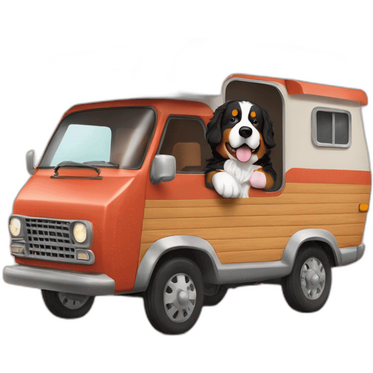 bernese mountain dog driving motorcamper and wood-fire emoji