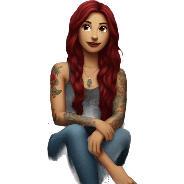 Beautiful tattooed burgundy long haired woman sitting on couch emoji