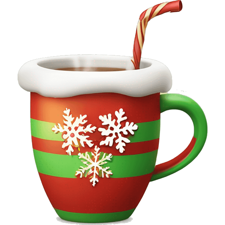 mugs with a hot drink decorated with snowflakes or a striped caramel stick. Steam rises from the mug in the shape of hearts. The color of the mug is warm red or green to convey the New Year mood emoji