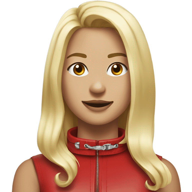 Put a Red leather dog collar on a blond white human female with medium length hair and add a red leash connected to the collar emoji