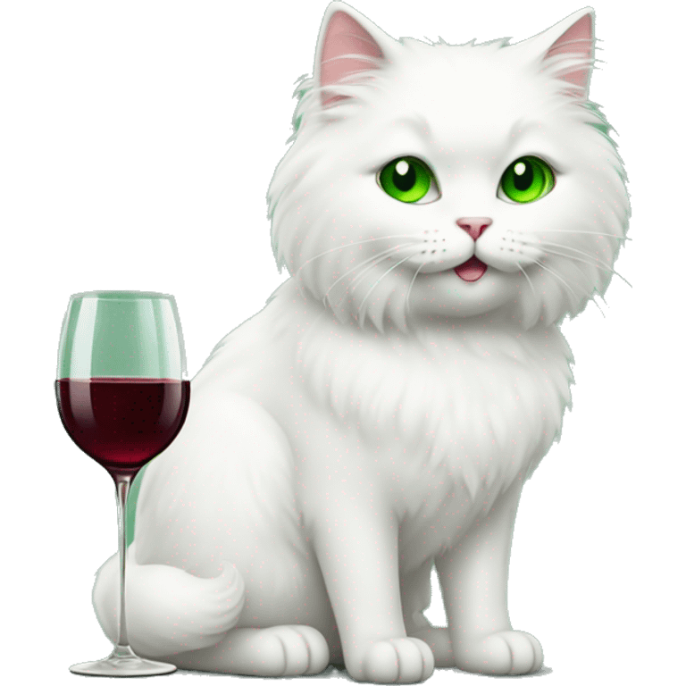 white fluffy cat with green eyes drinks a glass of wine emoji