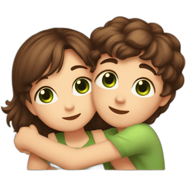 Girl with brown eyes and brown hair kisses the boy with brown hair and green eyes and hugs brown cats emoji