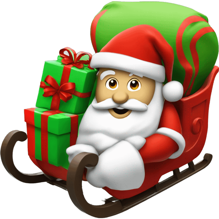 Santa in red sleigh, green sack of gifts, fun and festive emoji