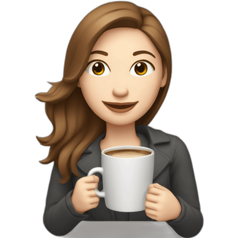 eyes closed smiling woman pale skin middle brown hair holding a closed laptop and a coffee mug emoji