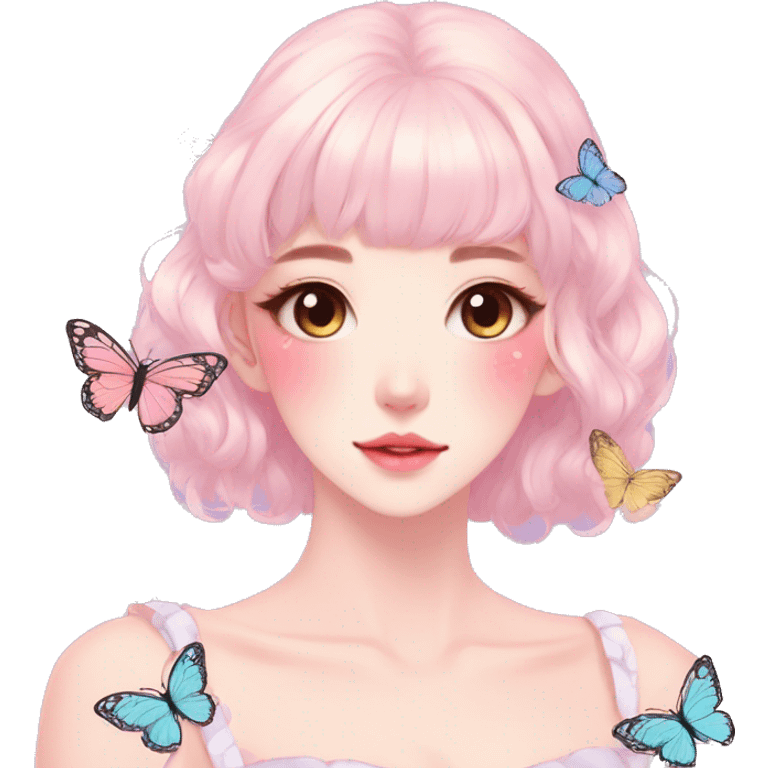 Gorgeous Pastel Anime-Style Lady With Butterflies on face cottage core pastelcore kawaii aesthetic trending style emoji