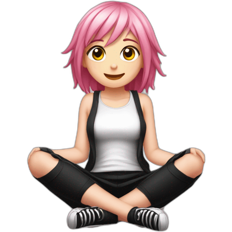 Full body Front view curvy emo girl pink hair sits on the floor straight view hands up black skirt белые трусики emoji