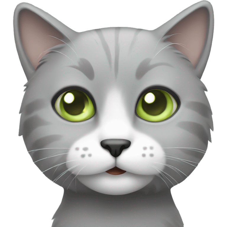 Gray small cat with light green eyes with white fur around eyes and mouth emoji