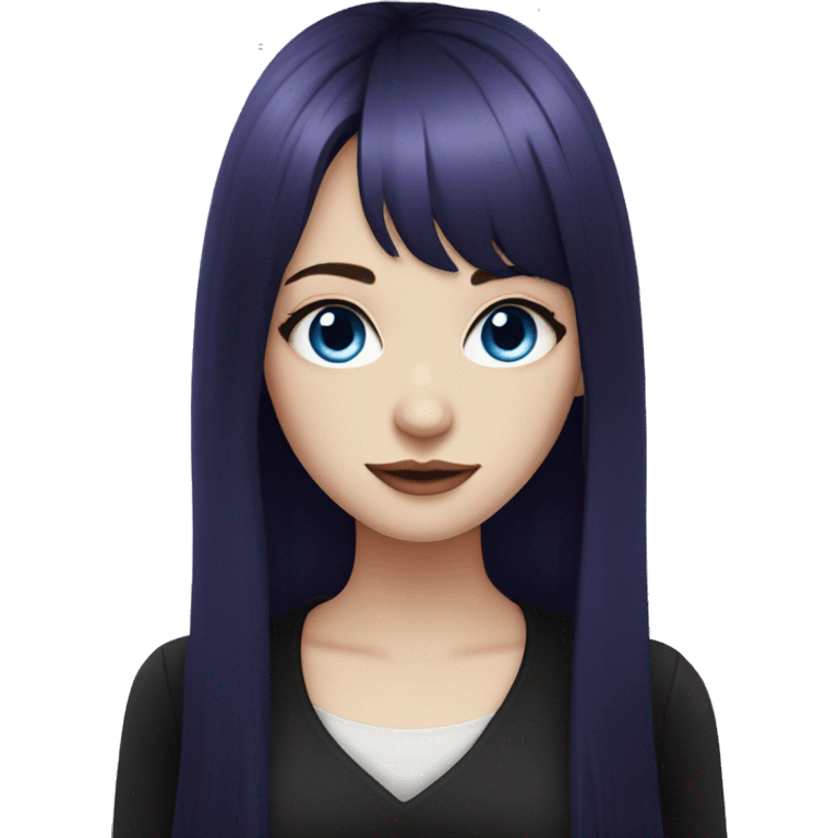 girl, pale skin, blue eyes, long hair, deep dark purple hair, bangs, black clothes, eyeliner emoji