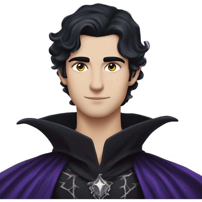 Rhysand has straight short blue-black hair, like a raven's feathers and violet/purple eyes with flecks of silver like starlight, he wears a black cloak and a black and silver crown emoji