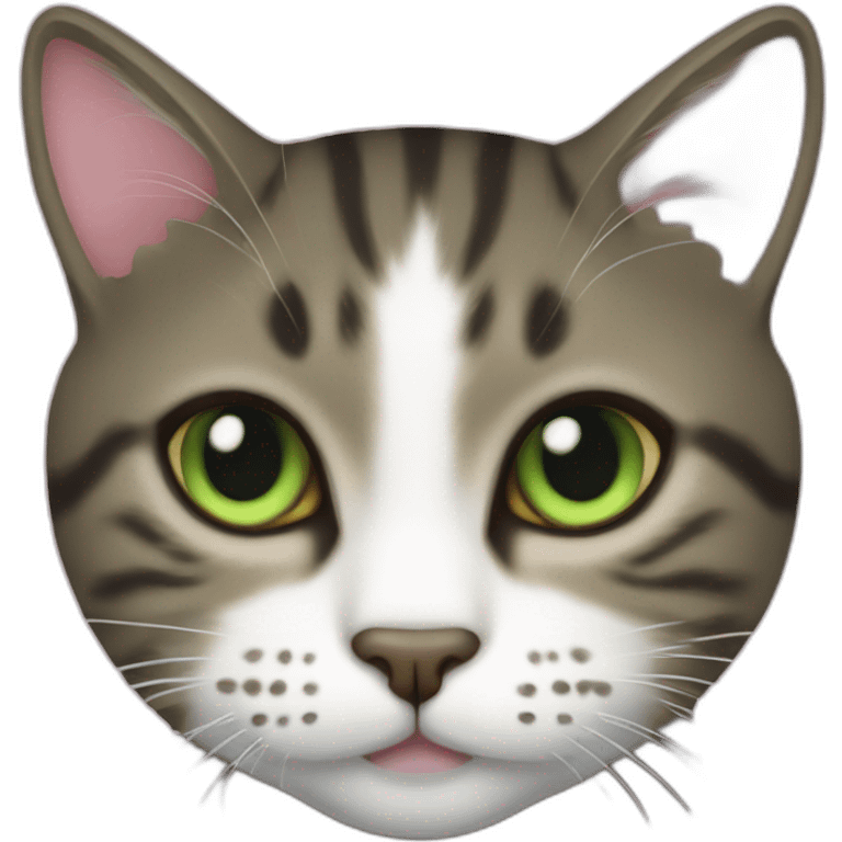 a dark tabby cat with a white face markings, light pink nose, and only one eye, which is green emoji