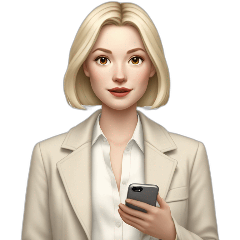 pale skin woman with ash blonde Straightened bob Hair, White Spacious classical jacket, beige palazzo Arrow pants and gray blouse holding white IPhone 14 pro in the hands emoji