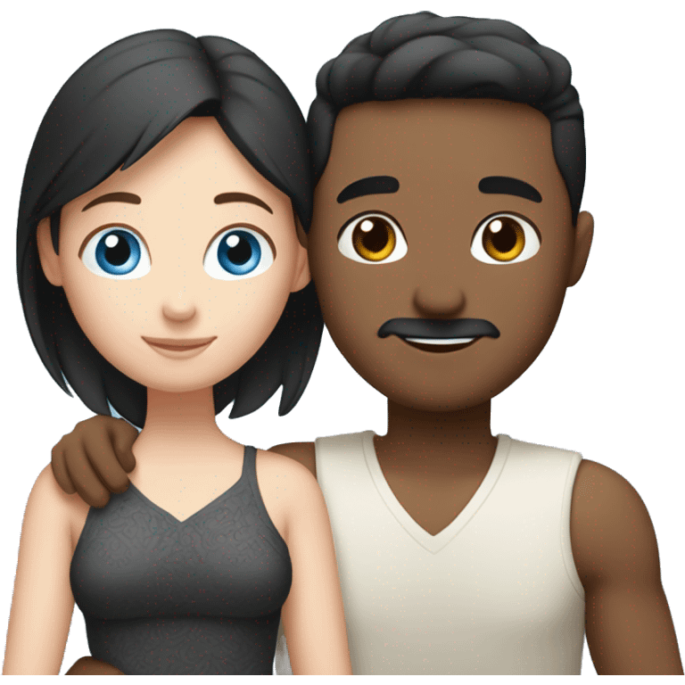 Friends hugging each other. Indian man, short black hair. White woman, blue eyes and brown hair emoji