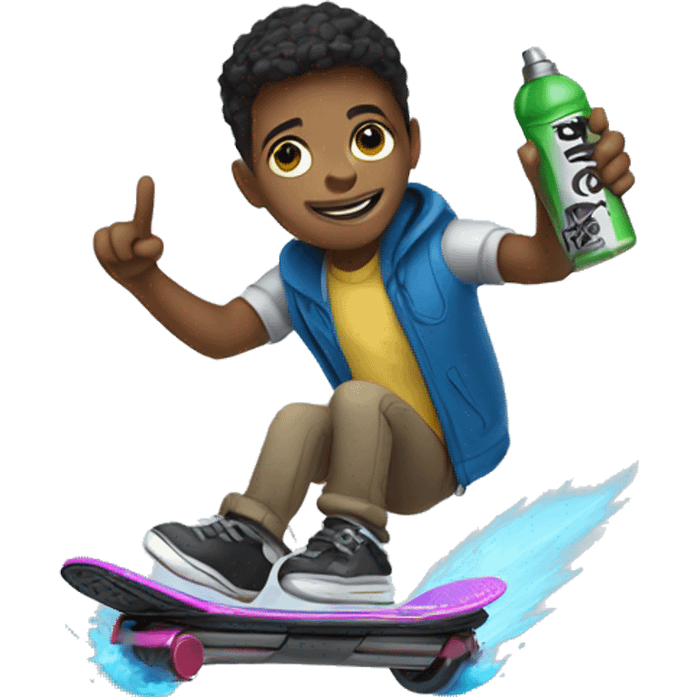 Boy riding a hoverboard, holding a spray can emoji