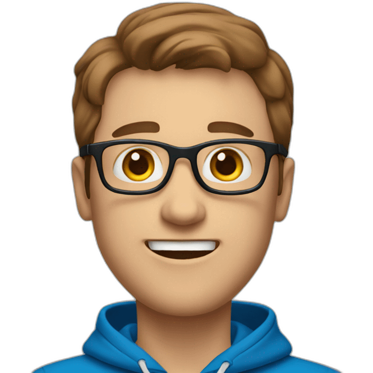 white man with brown hair and glasses wearing blue hoodie feeling excited emoji